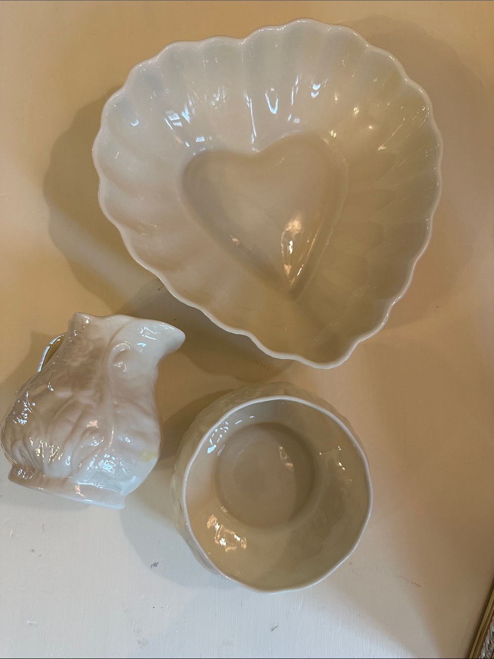 Belleek Ireland porcelain Lotus pattern creamer, open sugar bowl and heart dish